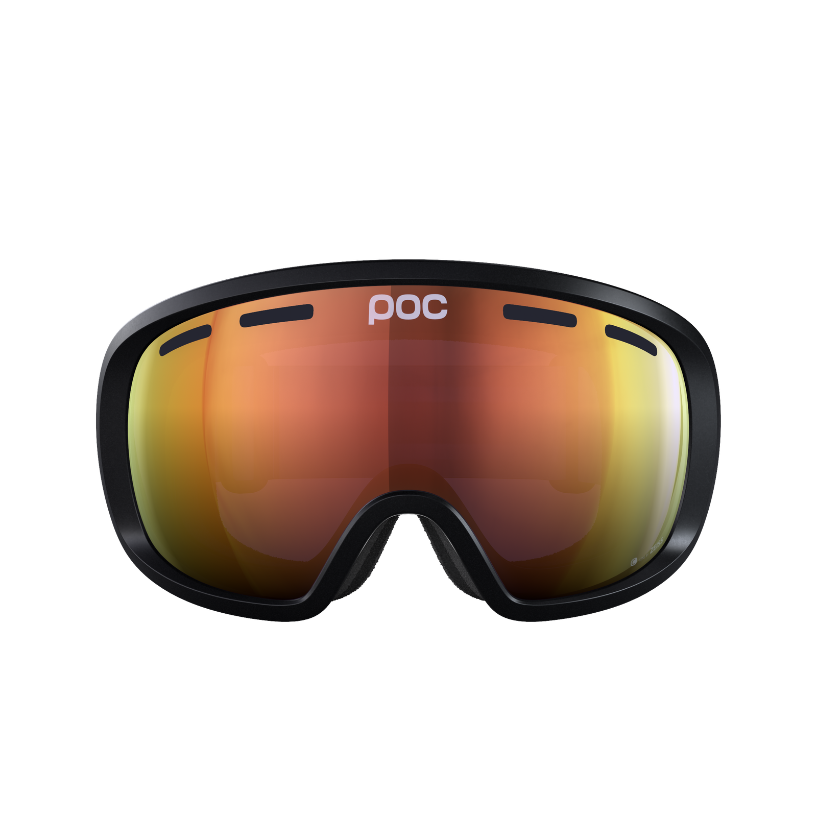 Schwarze Skibrille mit Orange Schwarze POC Fovea Clarity Skibrille mit orangefarbener Linse von vorne.