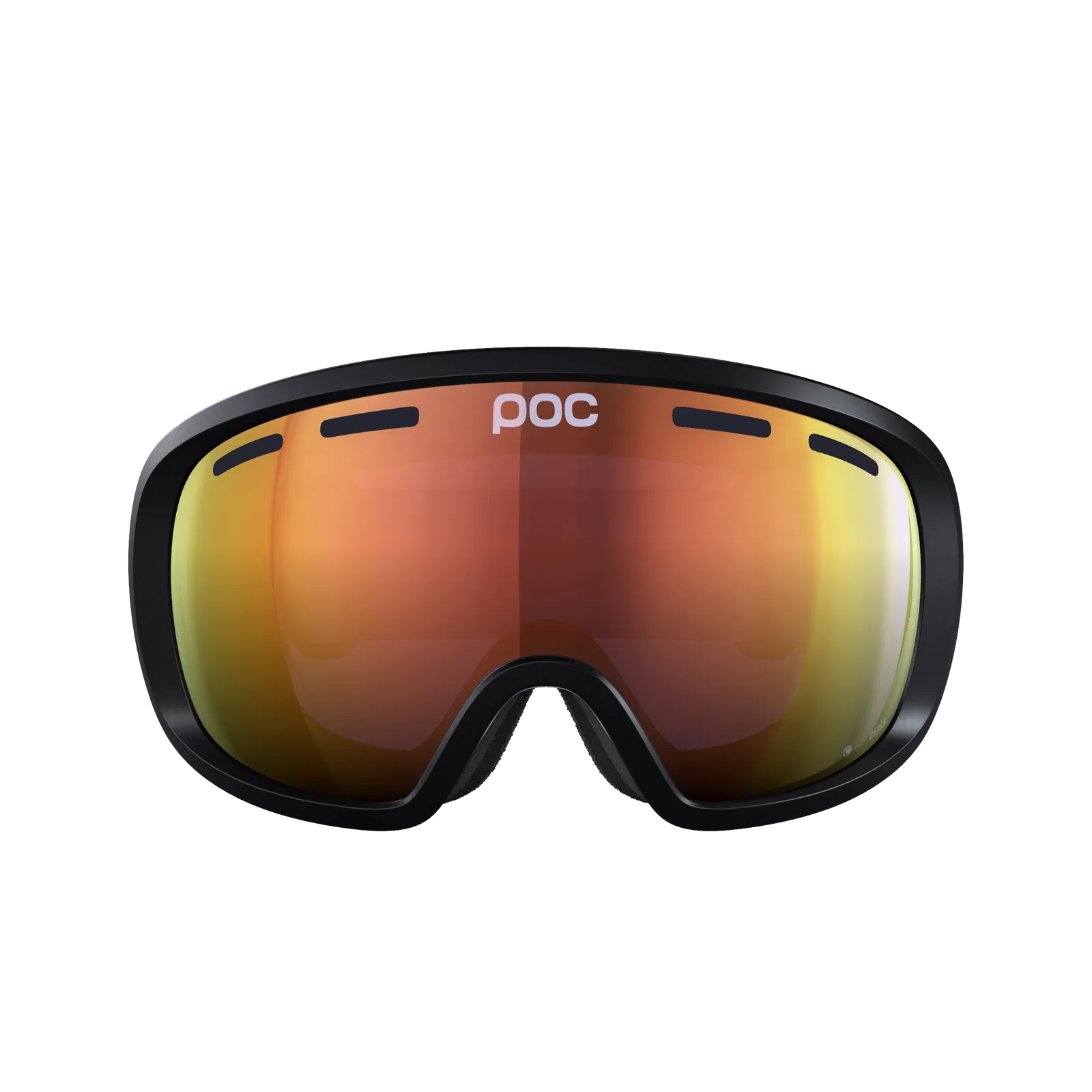 Black POC Fovea Clarity ski goggles with orange lens from the front.