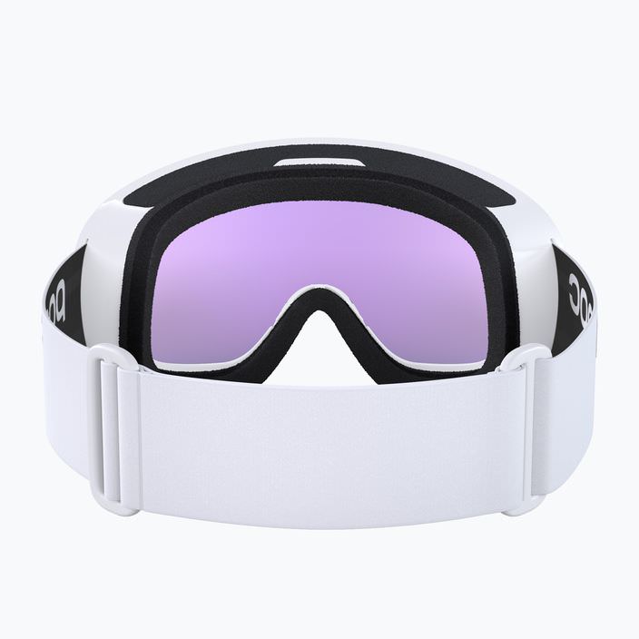 Frontansicht einer weißen POC Fovea Mid Ski- & Snowboardbrille mit violetter Linse und verstellbarem Band.
