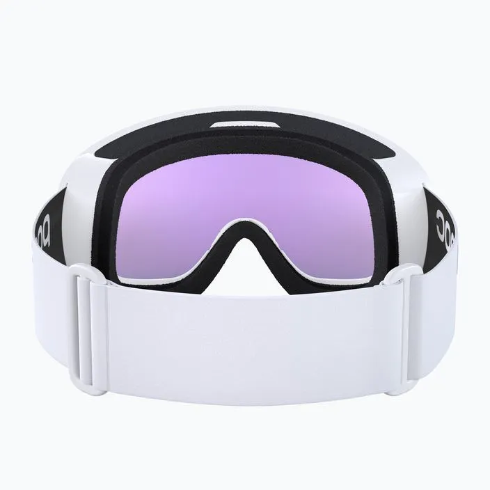 Front view of white POC Fovea Mid ski & snowboard goggles with purple lens and adjustable strap.