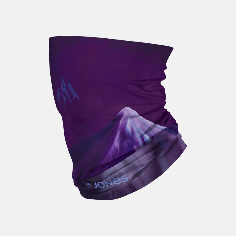 Purple Jones Airheart neckwarmer with mountain motif and logo print.