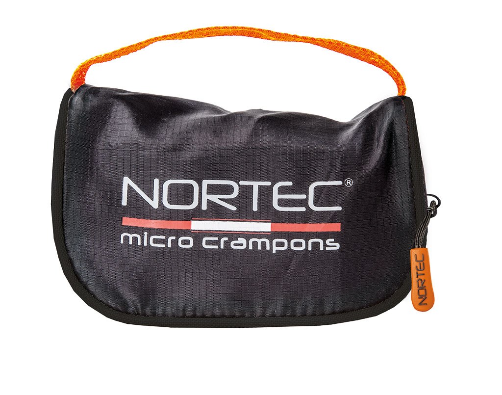 Black pannier with orange carrying handle for Trail 2.4 micro crampons, with "Nortec micro crampons" print.