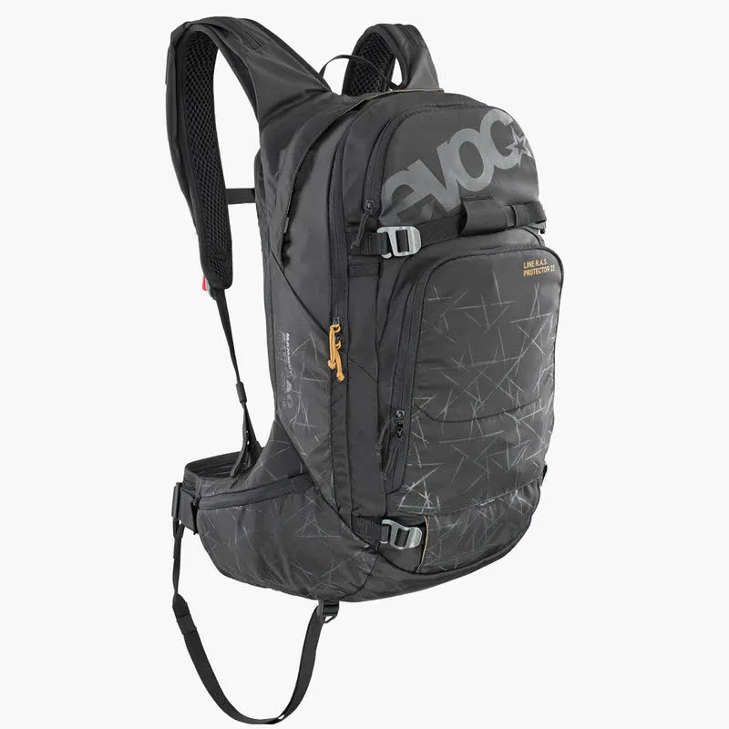 Black Evoc Line R.A.S. Protector 22L backpack with straps, buckles and geometric pattern on the front.