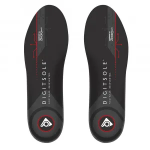 Schwarze Digitsole Warm Series Heizsohlen, von oben fotografiert, mit Markennamen und roter Verzierung.