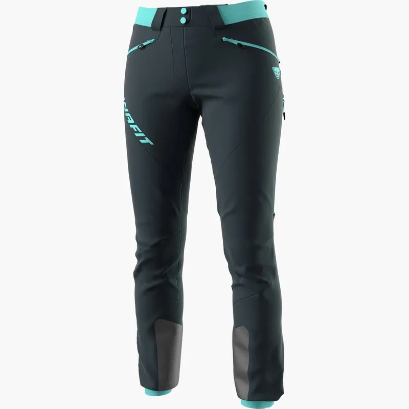 Pantaloni da sci alpinismo da donna, Dynafit TLT Touring DST, grigio-blu con dettagli turchesi, vista frontale.