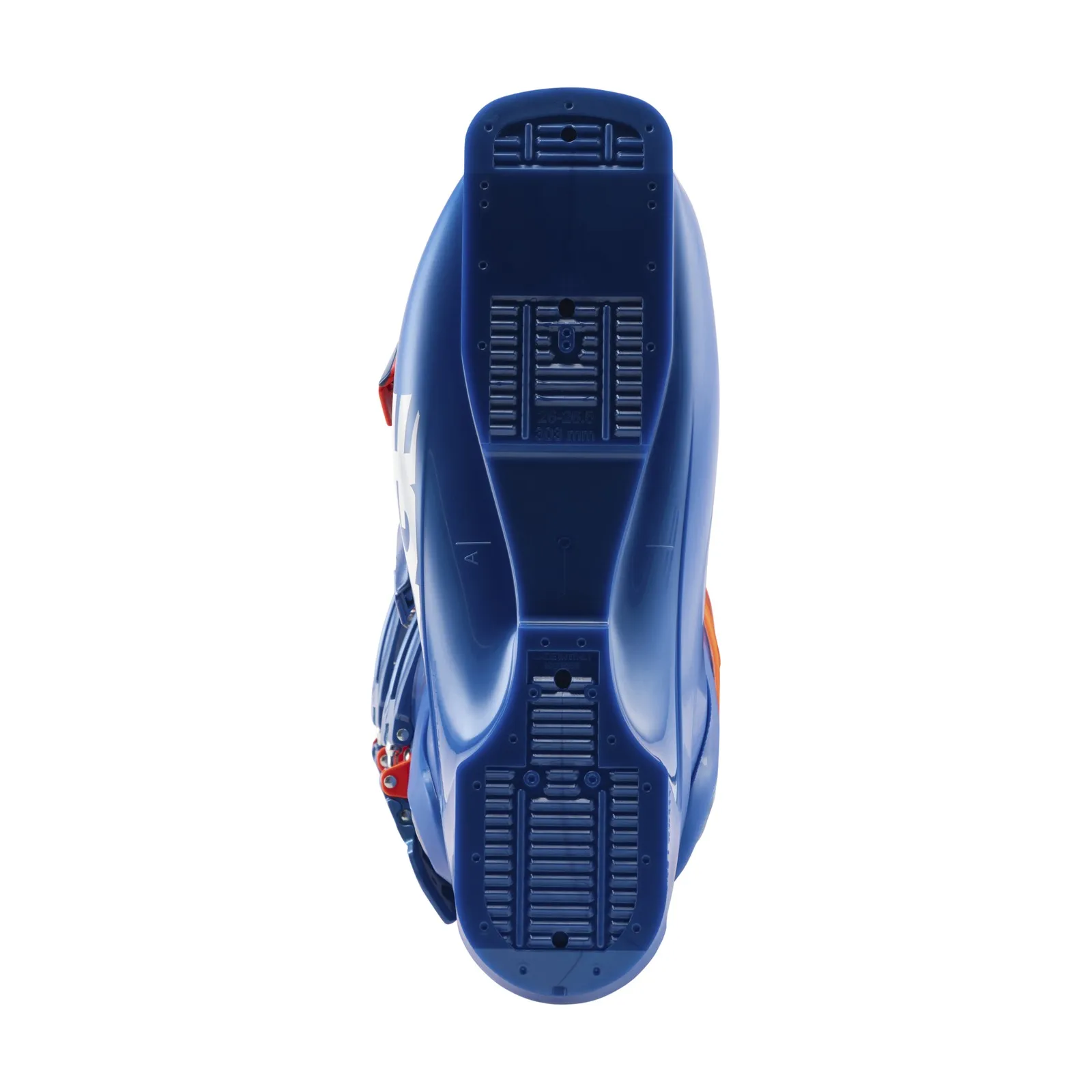 Vista superiore dello scarpone da sci Lange RS 130 MV in blu. Sono visibili i dettagli come la suola e la misura.