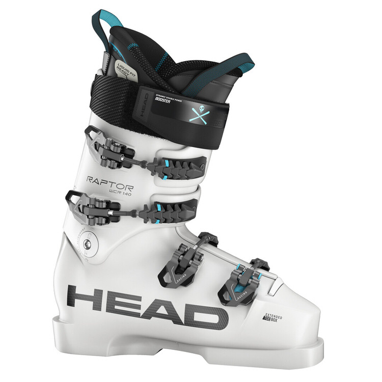 Weißer Raptor Skischuh Weißer Head Raptor WCR 140S Skischuh mit schwarzen und türkisen Akzenten, seitliche Ansicht.