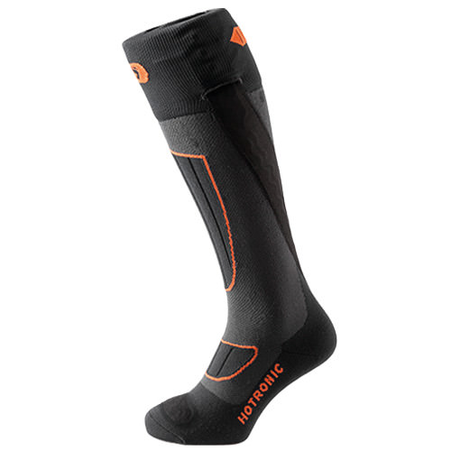 Eine schwarze, knielange BD Heat Sock Surround mit orangen Akzenten und dem Hotronic Logo.