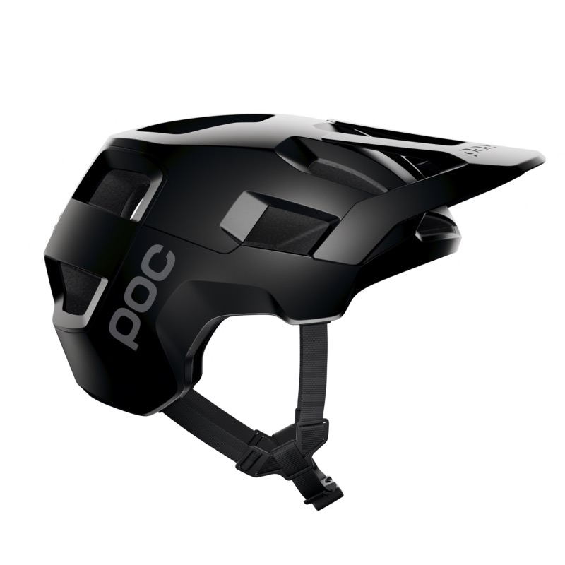 Schwarzer POC Kortal Helm mit Visier, seitliche Ansicht. Helm für Trail und Enduro mit Kinnriemen.