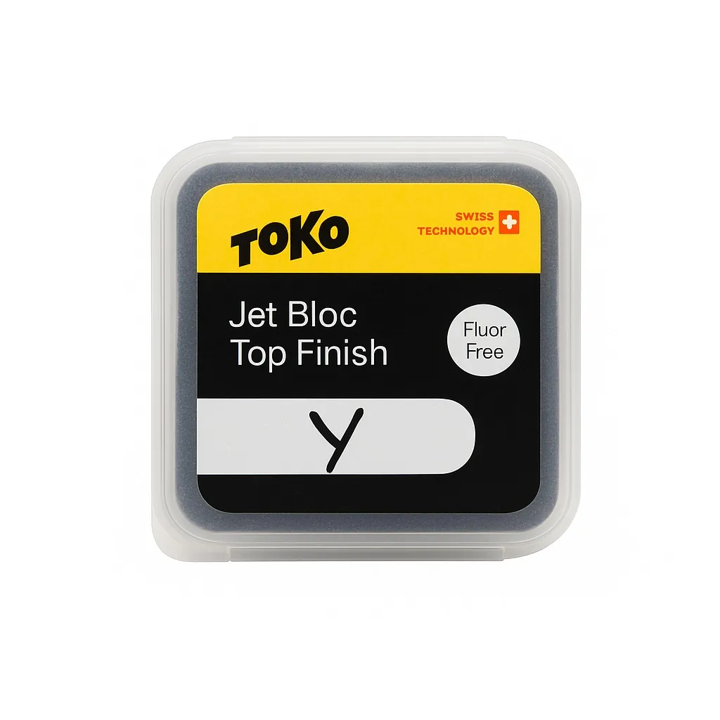 Verpackung des Toko Jet Bloc Y Festwachs mit Logo, Text "Jet Bloc Top Finish" und dem Buchstaben "Y".