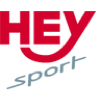 "Sportliches Hey Design" Rotes "HEY" über einem blauen, kursiven "sport", das "Y" in "HEY" verbindet beide Wörter. Schattenwurf unter "sport".