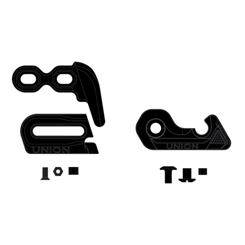 Black Union Clips & Hooks with pass-through holes. Various fastening parts for snowboard bindings.
