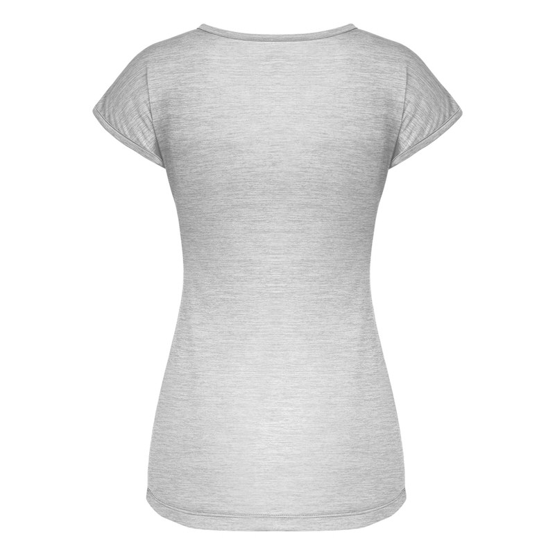 Rückansicht eines weißen Damen T-Shirts mit Melange-Optik, kurzen Ärmeln und tailliertem Schnitt.