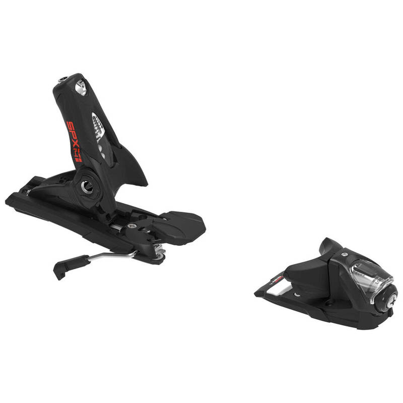Skibindung, SPX 14 Rockerace, schwarz mit roten Details, Vorder- und Hinterteil getrennt dargestellt.