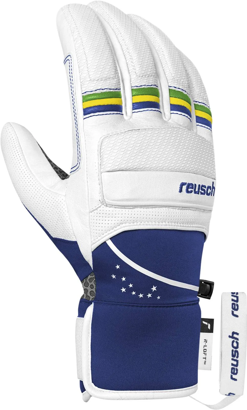 White Reusch gloves with blue, yellow and green stripes on the fingers. Blue part with white stars and a white Reusch logo.
