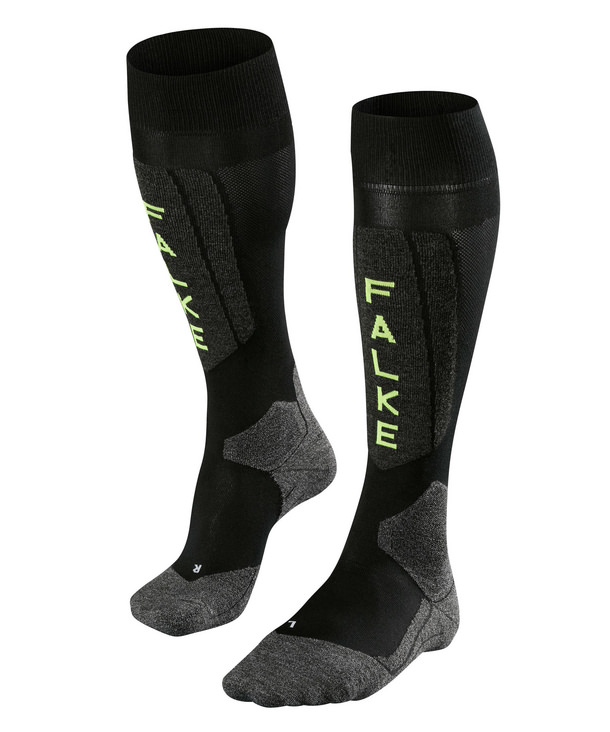 Zwei schwarze Falke SK5 Herren Skiing Kniestrümpfe, seitlich mit dem Falke Logo in Gelb.