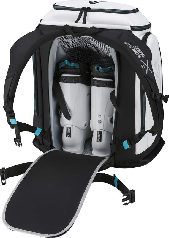 Weiß-schwarzer Head Rebels Racing Backpack S mit Skischuhen im separaten Fach.