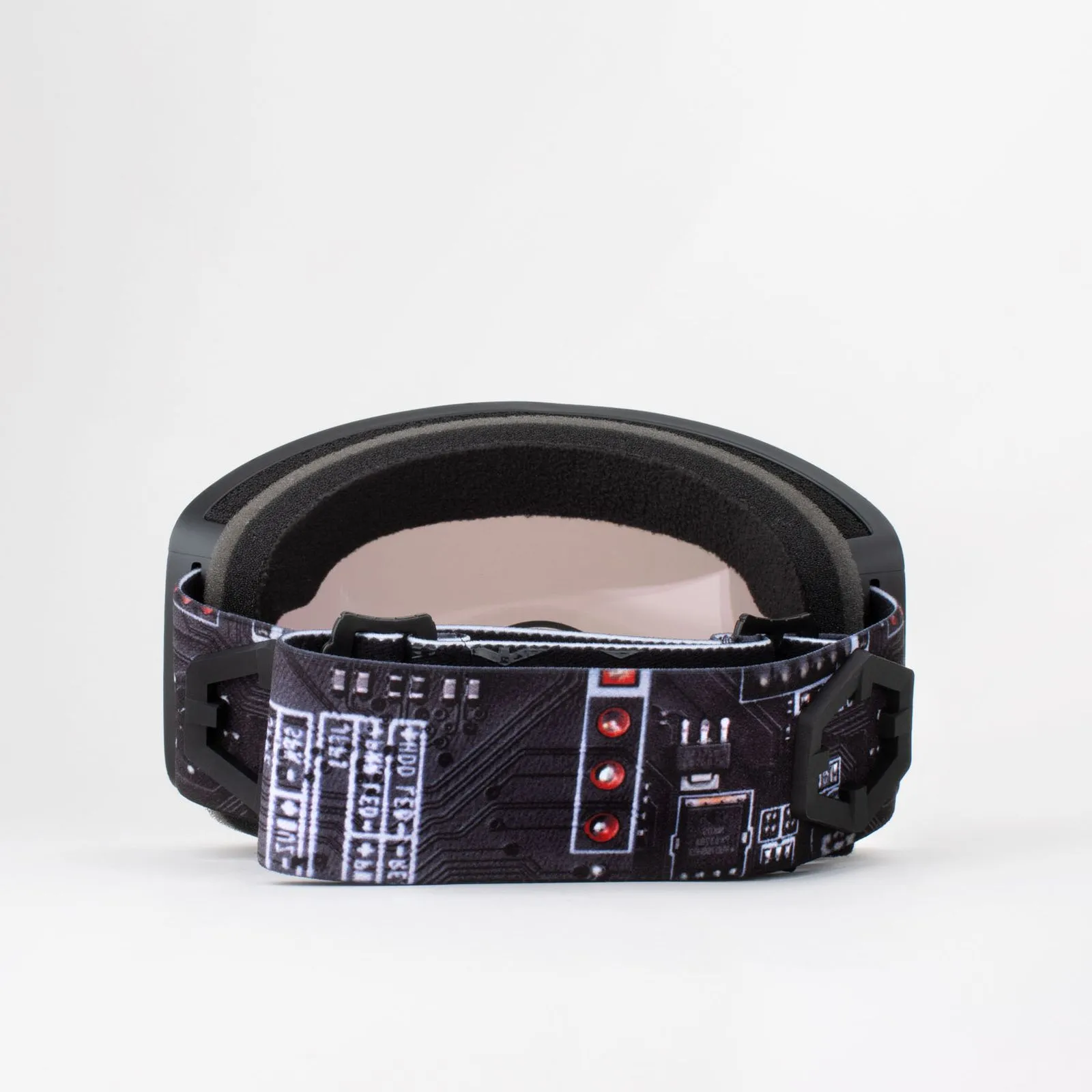 Ski-Brille Electra Motherboar E-Silver von hinten, Band mit Motherboard-Muster.