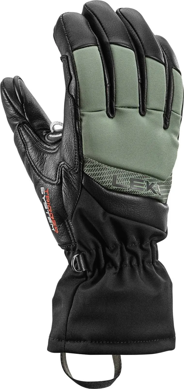 Close-up of the Leki Griffin Base 3D Wm ski glove with black leather, olive green textile and "Trigger System" logo.