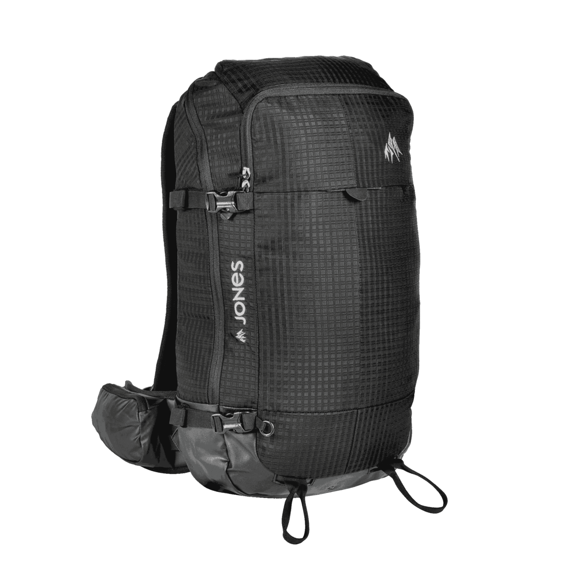 Schwarzer Jones DSCNT 25L Rucksack in voller Ansicht mit Details wie Gurten, Logo und Taschen.
