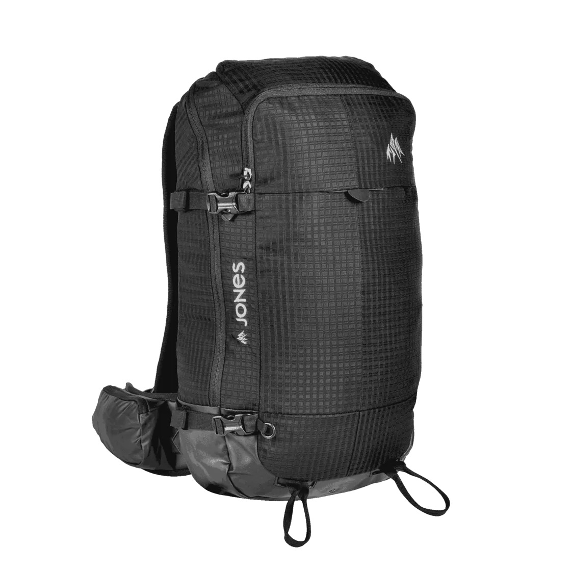 Schwarzer Jones DSCNT 25L Rucksack in voller Ansicht mit Details wie Gurten, Logo und Taschen.