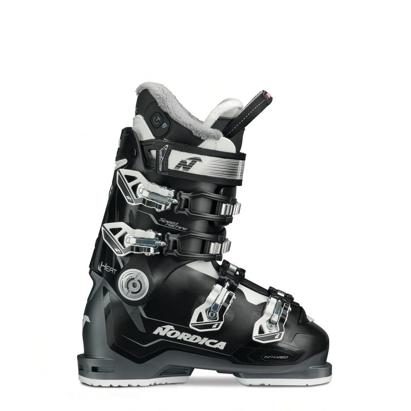 Nordica Speedmachine 85 W Black Speedmachine Heat 85 W ski boot by Nordica, side view with buckles and soft shaft edge.
