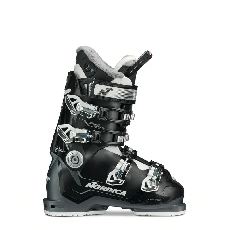 Black Speedmachine Heat 85 W ski boot by Nordica, side view with buckles and soft shaft edge.