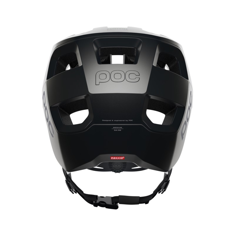 Rückansicht des schwarzen POC Kortal Helms mit Belüftungslöchern und Größenangabe.