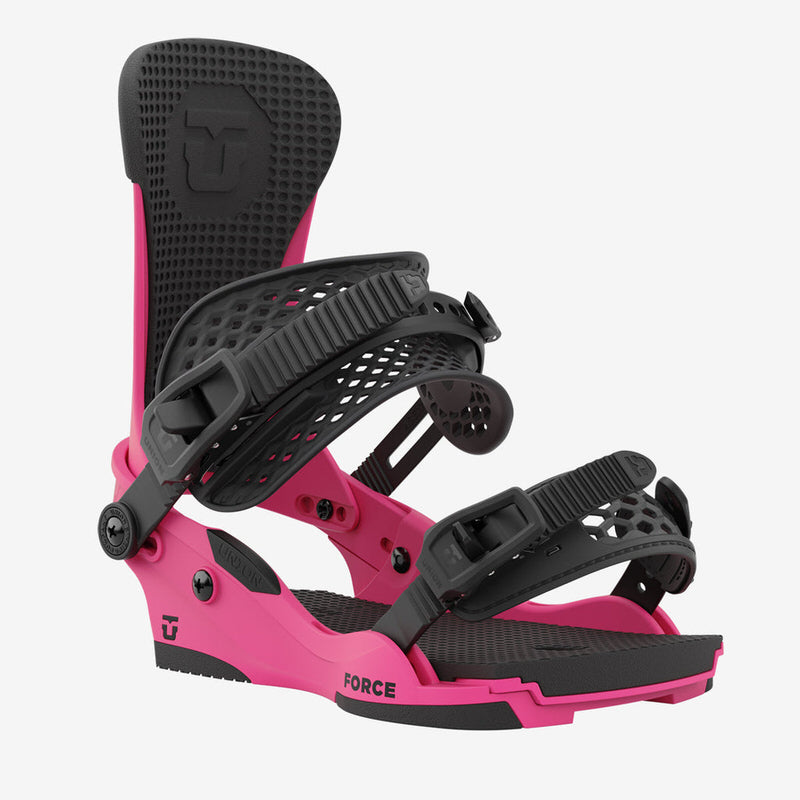 Nahaufnahme einer Snowboardbindung, Modell Union Force, in Pink und Schwarz.