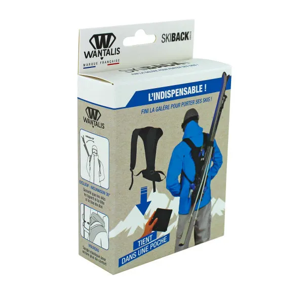 Packaging of the Skiback: A person carries skis with the Skiback carrying system on their back. Detailed views of the product.