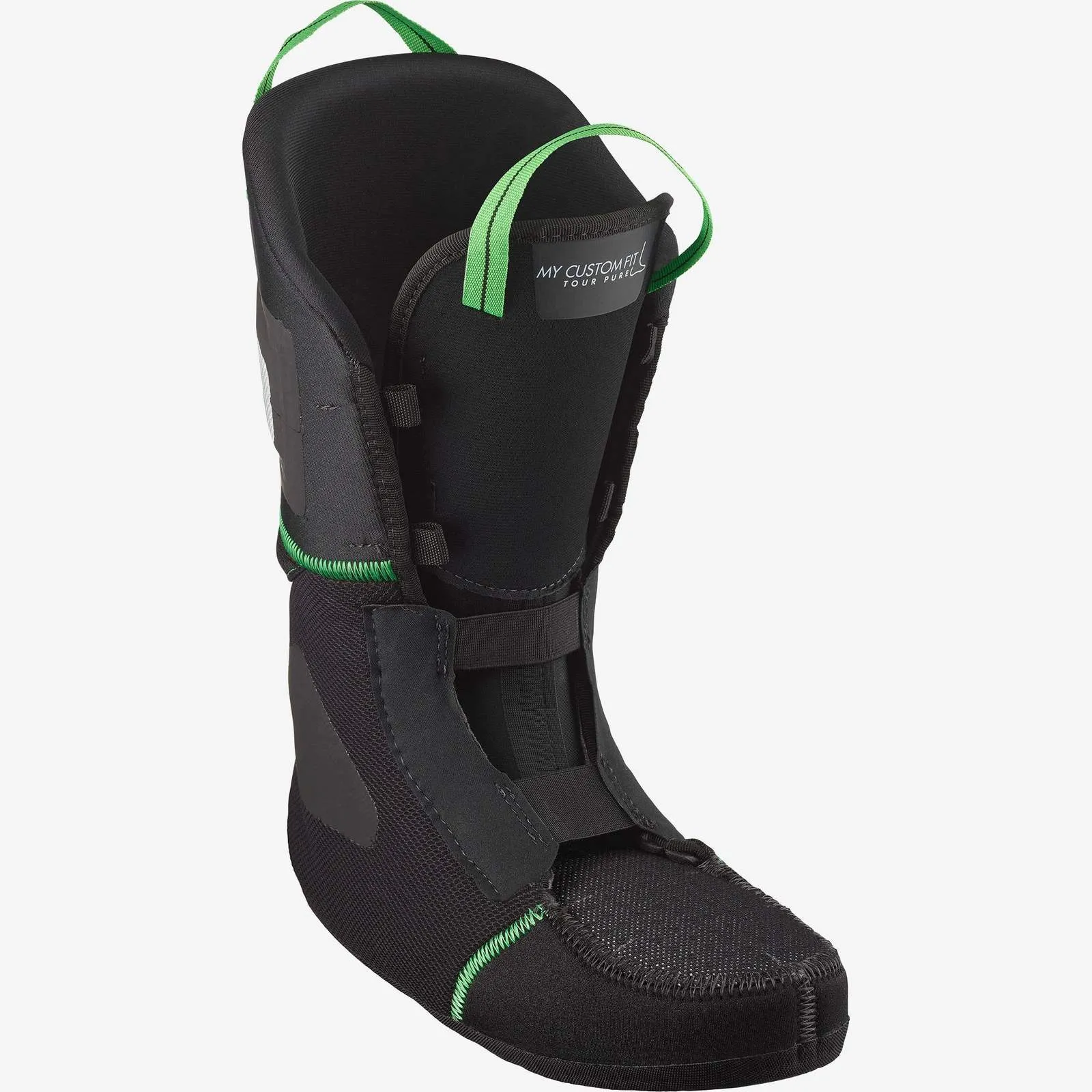 Detailed view of the black liner for Salomon MTN Summit Pure ski touring boots with green accents.