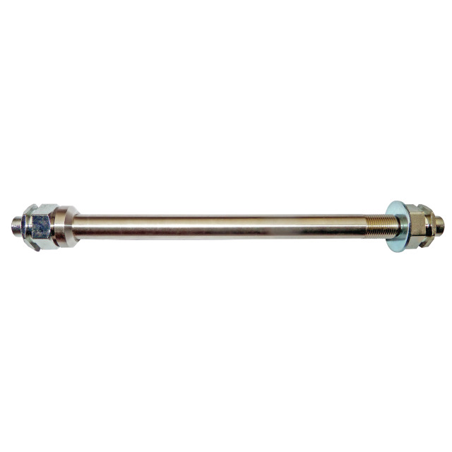 Silberfarbiger Steckachs-Aufnahmeadapter mit Muttern und Unterlegscheiben.