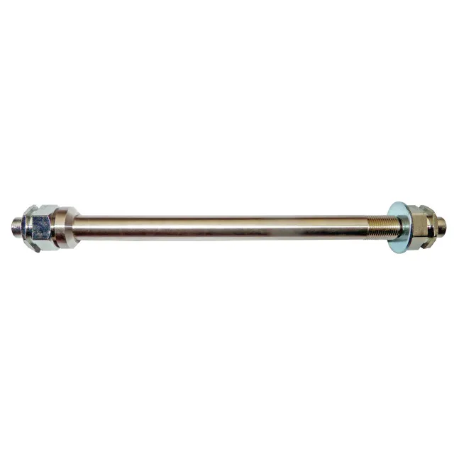 Silver-colored thru axle adapter with nuts and washers.