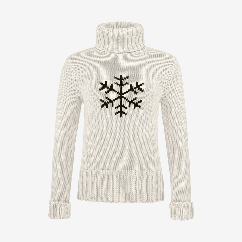 Pull blanc en maille avec col roulé et motif de flocons de neige sur le devant.