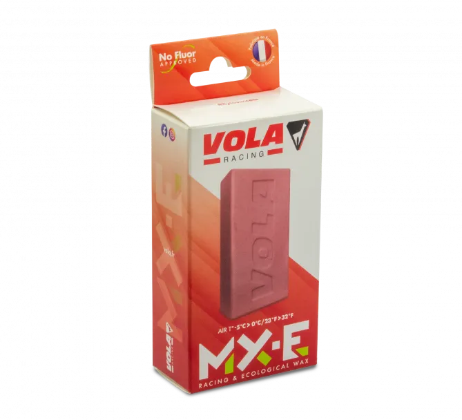 Packaging of the red MX-E ski wax from Vola Racing, fluorine-free, with temperature indication.