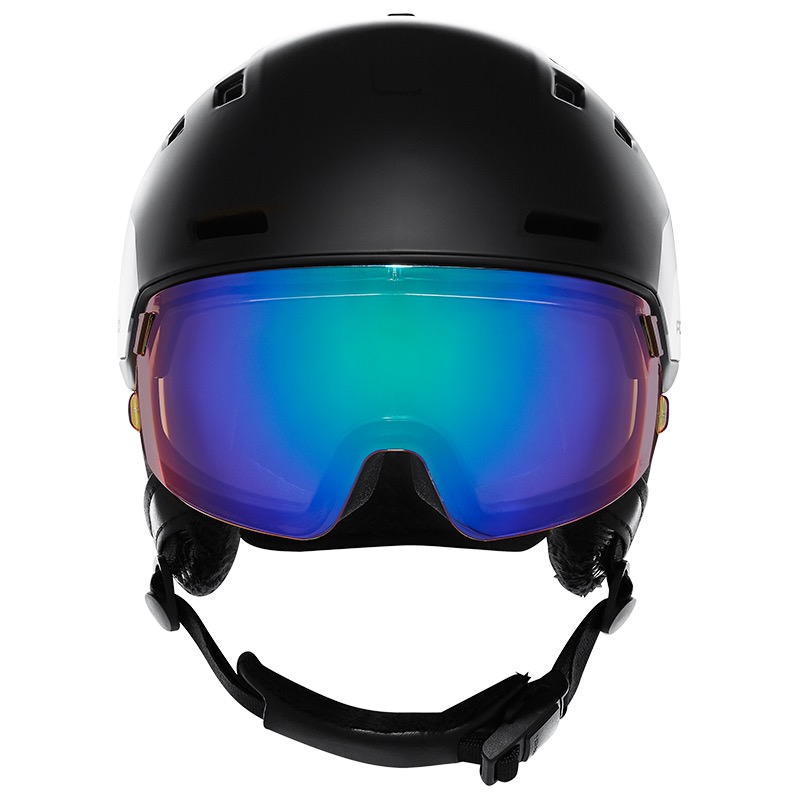 Schwarzer Skihelm "Head Radar 5k Photo Mips" mit blau-grün verspiegeltem Visier, Frontansicht.
