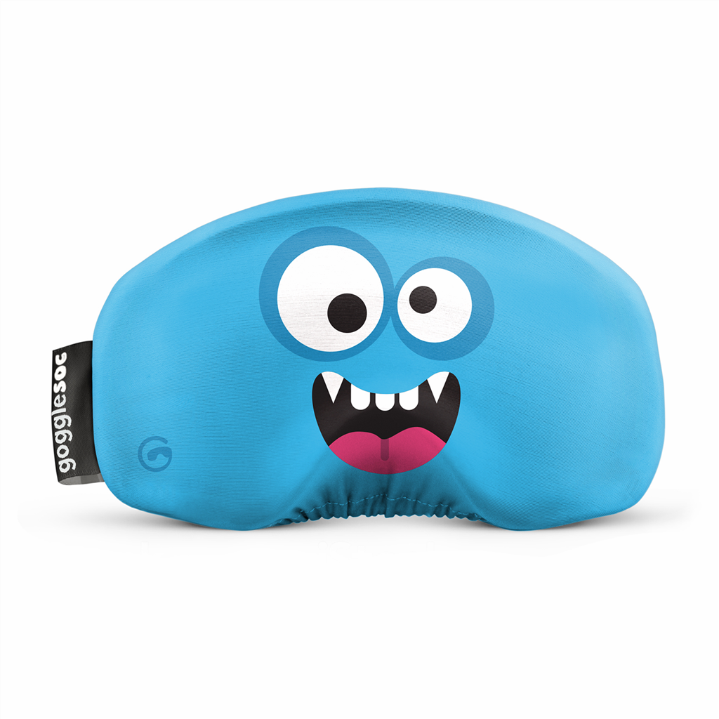 Blauer Monster Soc Blauer Monster Soc für Skibrille mit aufgedrucktem Gesicht mit großen Augen und Zähnen. Schwarzes Etikett mit weißem Schriftzug.