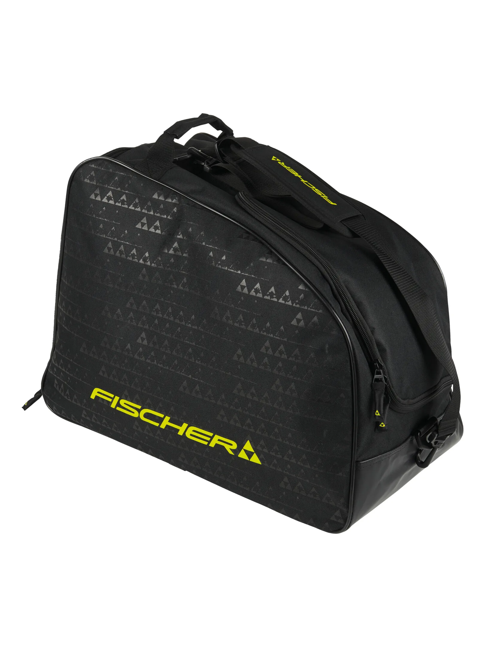 Sac à chaussures de ski noir Fischer avec poignées et bandoulière, logo jaune et triangles décoratifs.