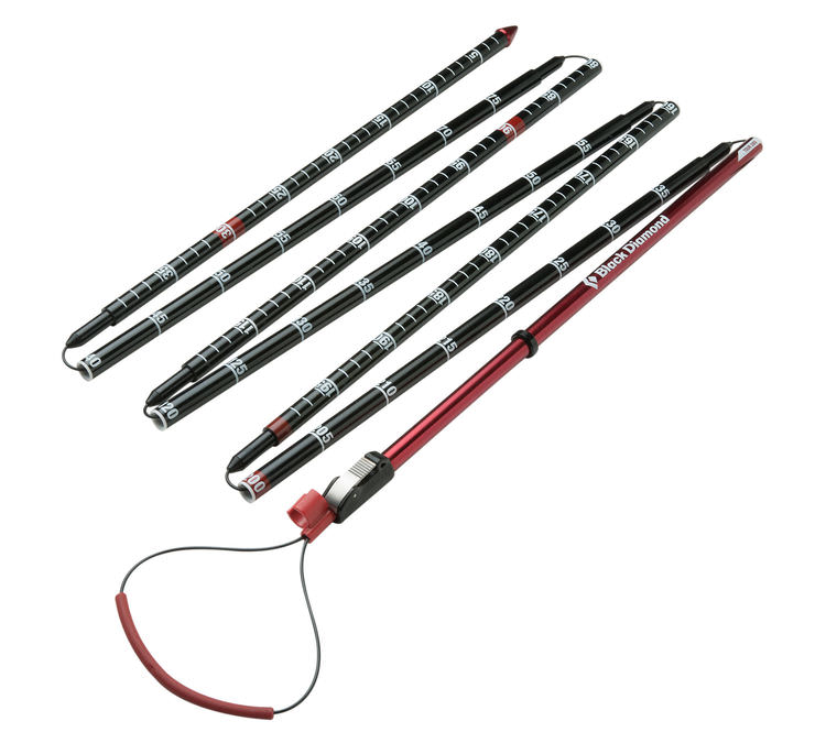 Zusammengelegte Black Diamond Quickdraw Tour Probe 280 Sonde in Schwarz und Rot mit Markierungen.