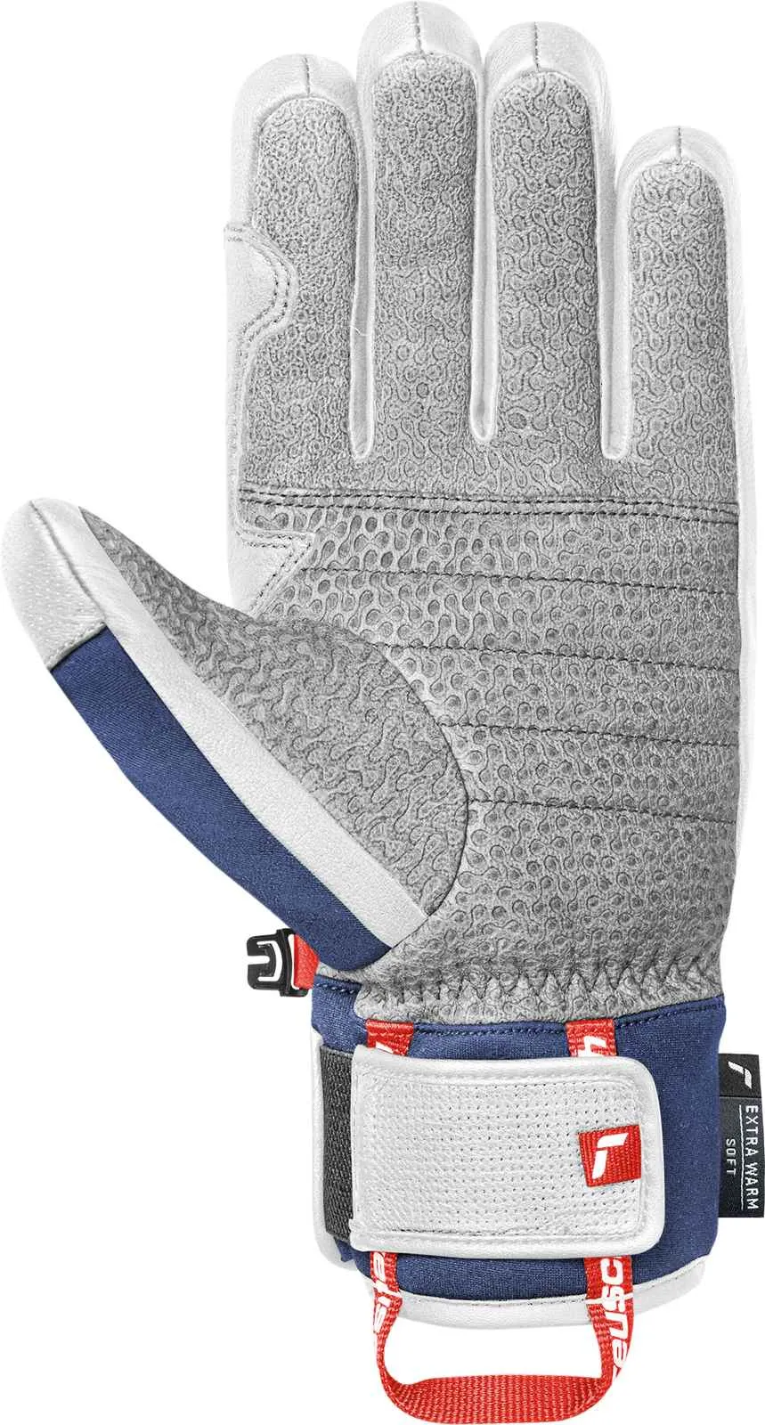 White ski glove with gray palm and fingertips, blue and white accents on the wrist.