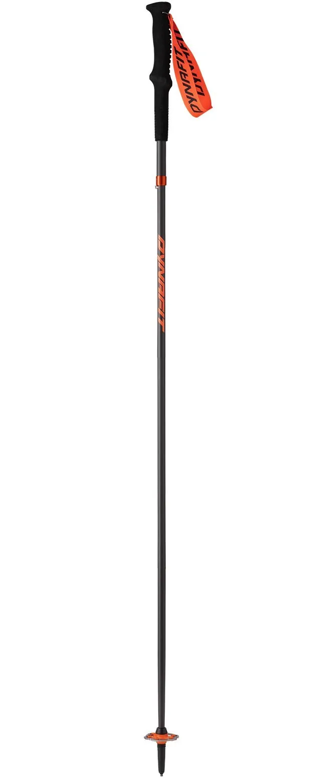 Ein Dynafit Transalper Pro Pole, ein faltbarer Stock, mit schwarzem Griff, orangefarbener Handschlaufe und flexiblem Aluminiumkorb.
