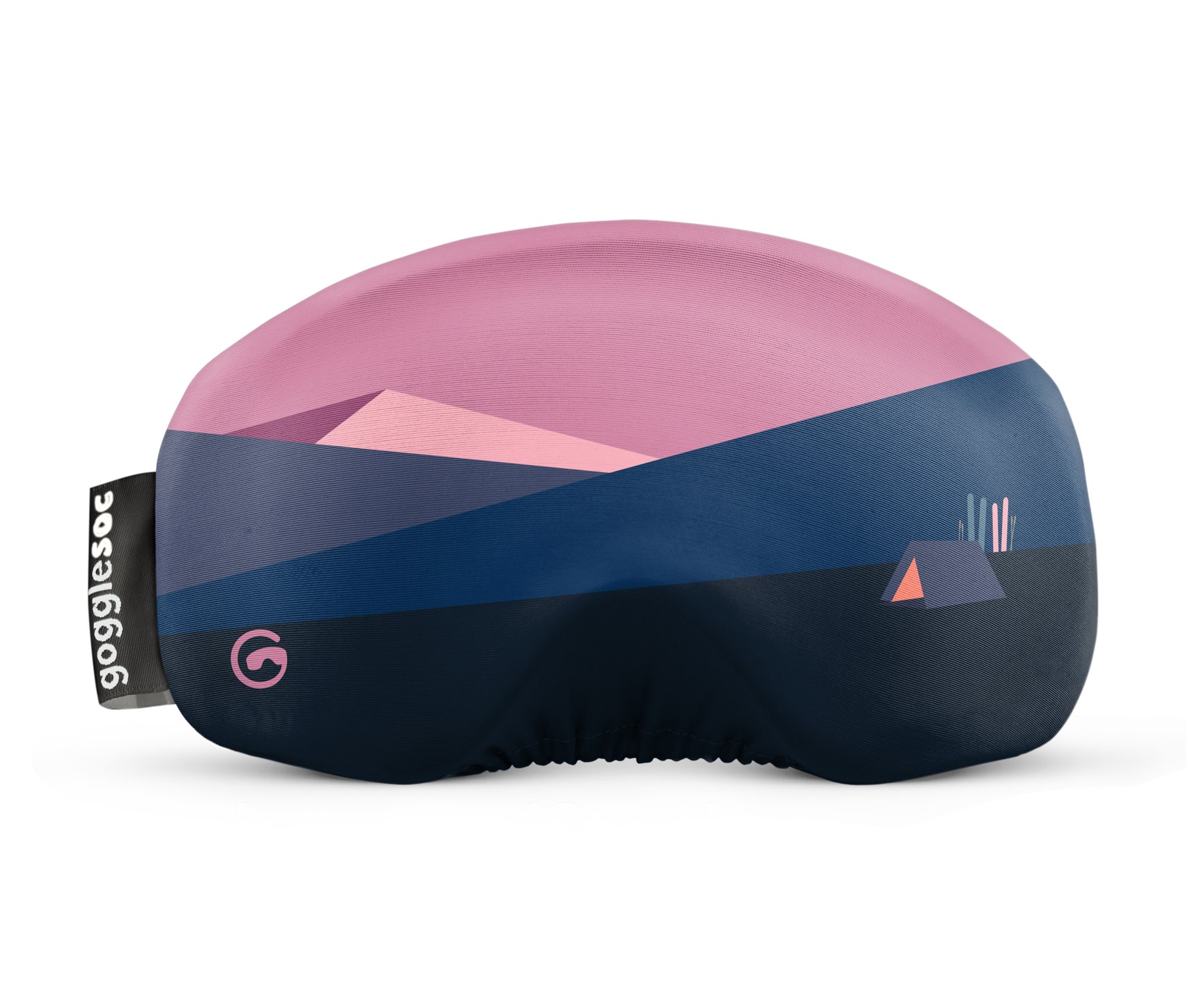Huba Gogglesoc: Brillenüberzug mit Berglandschaft in Rosa, Blau und Dunkelblau, Zelt und Skifahrer als Motiv.