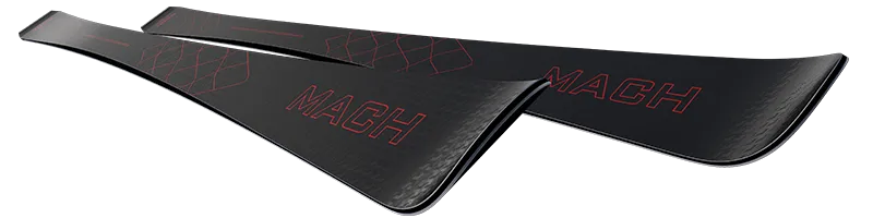 Two black MACH FALCON skis with red lettering and geometric patterns on top of each other.