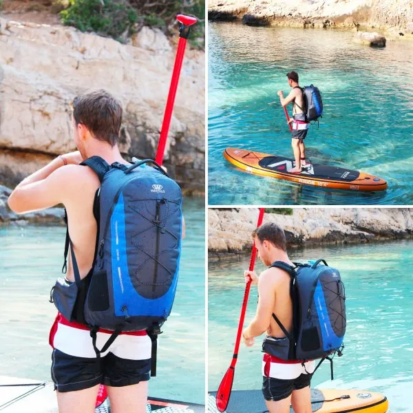 Collage : homme avec un sac à dos étanche pagayant sur l'eau. Le sac à dos est bleu-gris.
