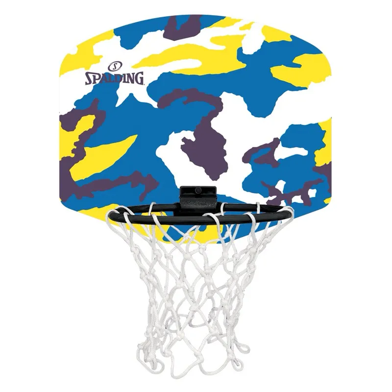 Mini basketball hoop with camouflage pattern, net and black ring.