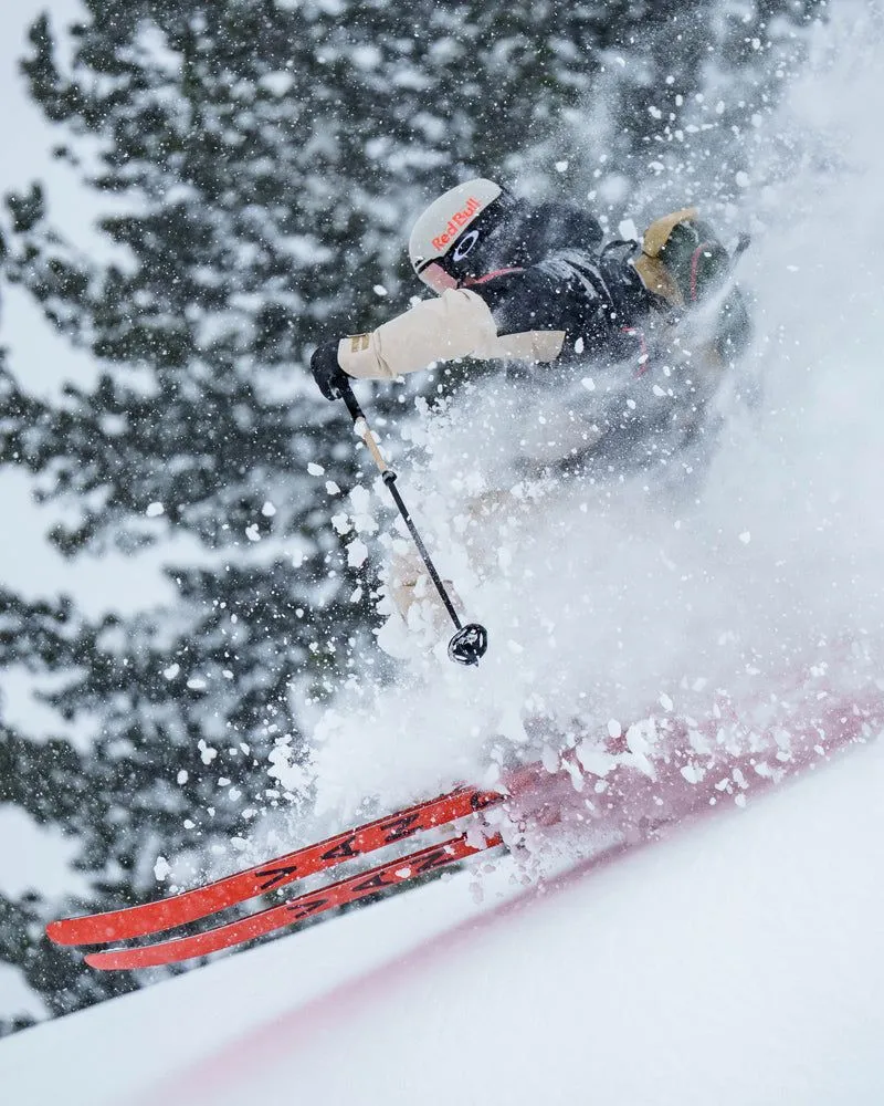Skieur avec des skis Van Deer dans la neige profonde, nuage de poussière et arbre en arrière-plan.