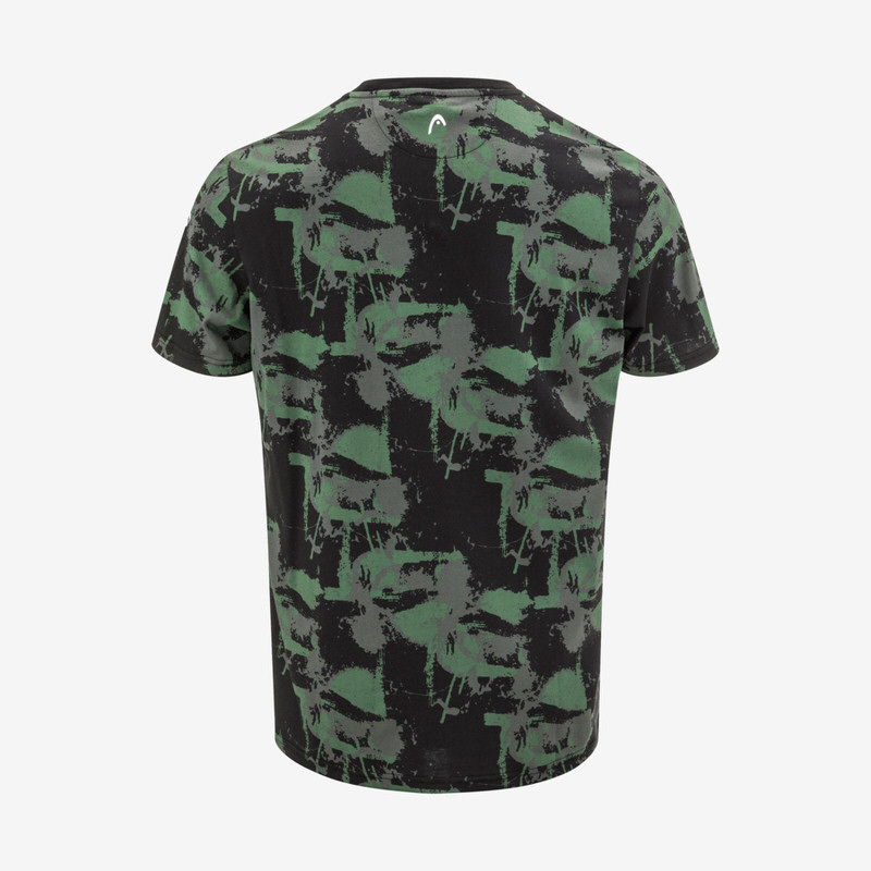 Schwarzes Head Race T-Shirt für Herren mit Camouflage-Muster in Grün- und Grautönen von hinten.