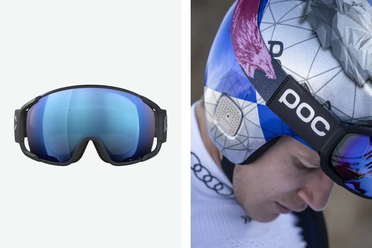 POC Zonula Clarity Comp Brille: Frontalansicht der Skibrille mit blauer Linse und eine Person mit Helm und Brille am Kopf.