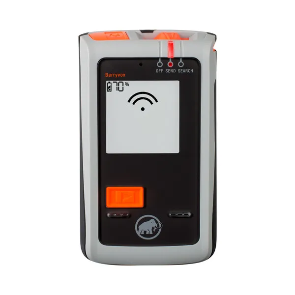 Mammut Barryvox LVS Gerät: Display zeigt 70% Batteriestand, Signalstärke. Orangefarbene Knöpfe, Mammut-Logo.