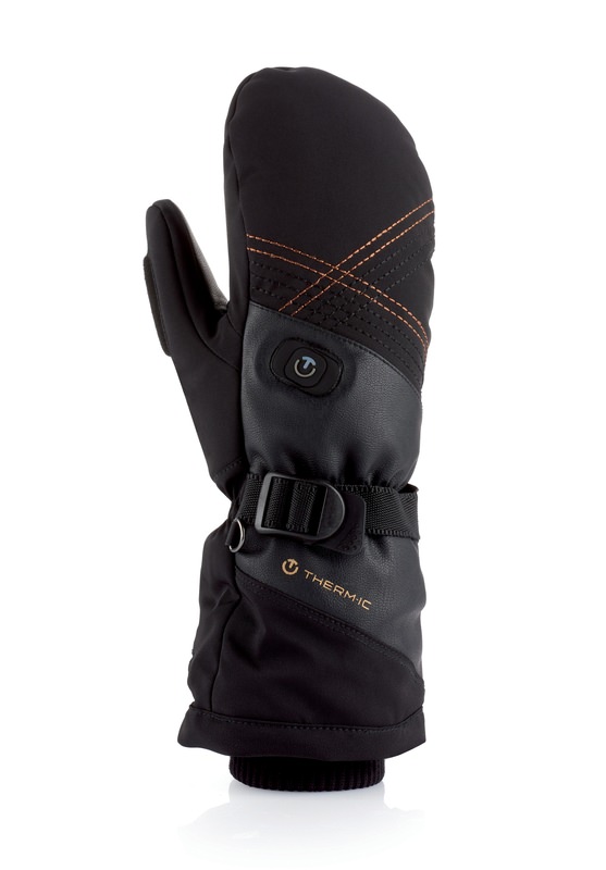 Moufles noires Therm-ic Ultra Heat Mitten Women avec niveau de chauffage, détails en cuir et cordon de serrage.